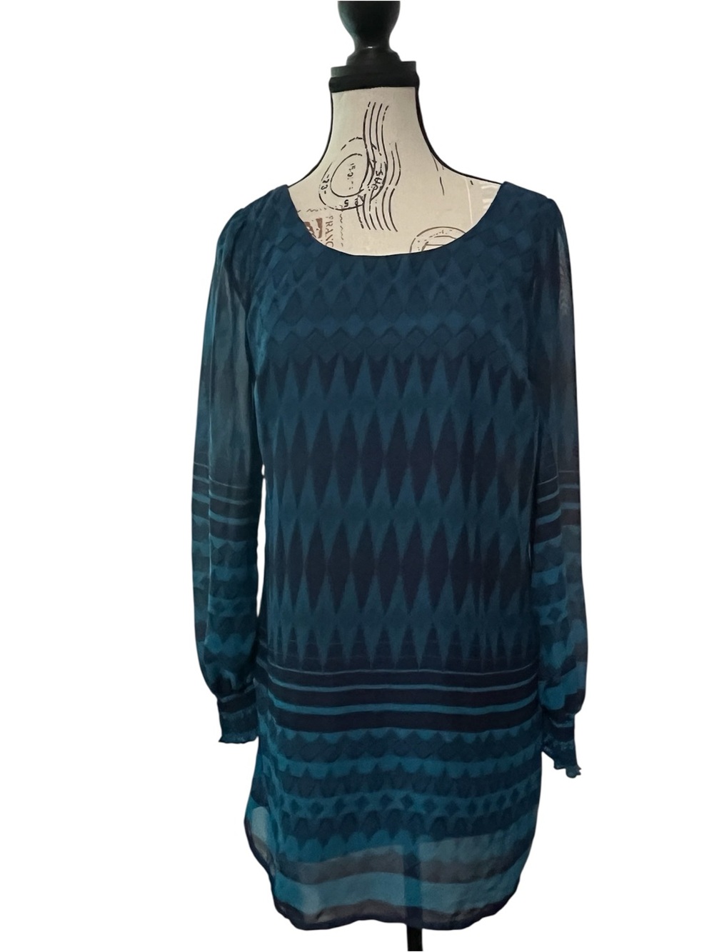 Love Fire Dress Women's Small Blue Geometric Shift Sheer Overlay Lined